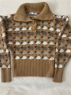 Zara Sheep Beige Pattern Acrylic Shawl Collar Cropped Pullover Sweater Women S
